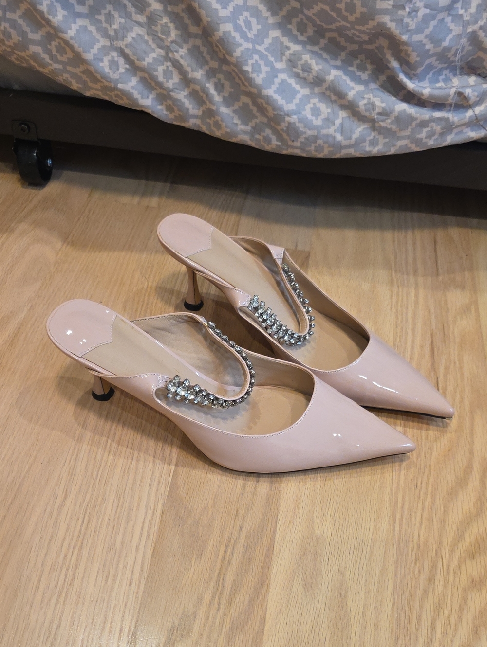 Patent Pink Pointed-Toe Rhinestone Slip-On Mules